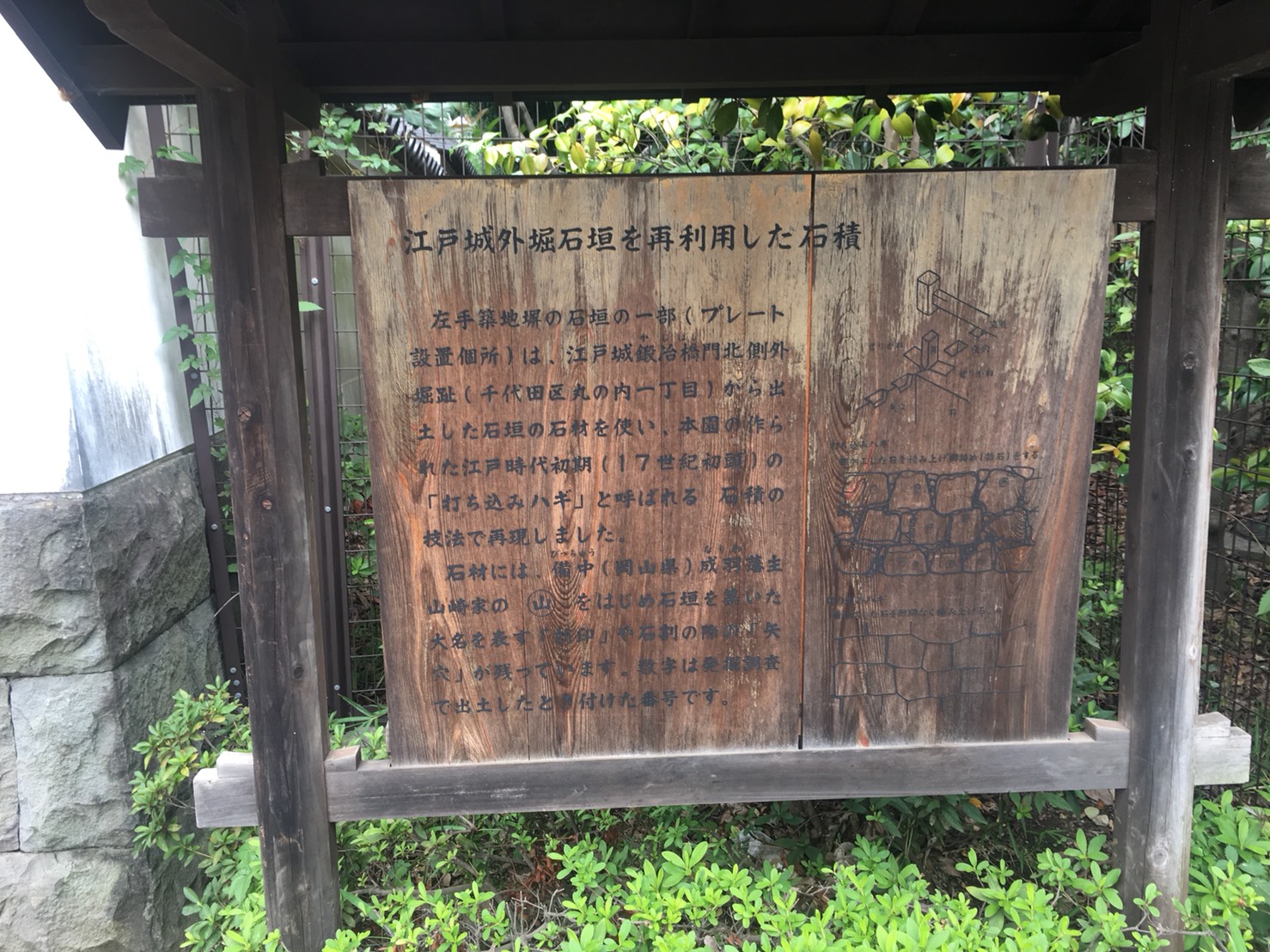 【飯田橋駅】江戸時代の中国趣味豊かな景観で一句「小石川後楽園」の石垣の説明書き